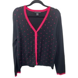 Larry Levine Embroidered Polka Dot Cardigan Sweater Black Pink XL Twee Cute Gran